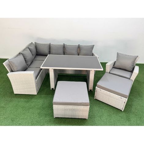 Fimous 9 Seater Wicker Rattan Corner Sofa Sets Outdoor Garden Furniture Sets with Rectangular Dining Table Lounge Sofa 2 Big Footstools Armchair Light Grey (1/5)