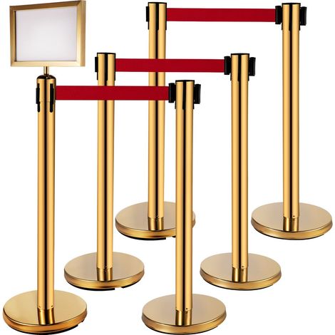 Warteschlangenabsperrungen, Set aus 4 Edelstahlpfosten mit 6,6 einziehbaren roten Bändern, Schildhalterung, 87,9 cm Sicherheitspfosten (gold) (1/5)