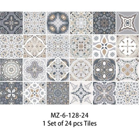 Autocollants carrelage salle de bain et cuisine 24 pièces 15x15 cm Décoration murale adhésive en PVC imperméable Carreaux de ciment mosaïque Azulejos (1/5)