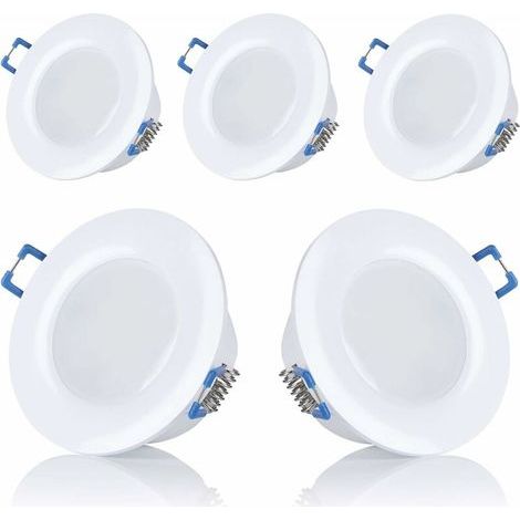 Lot de 5 spots LED, encastrables, pour salle de bain, IP44, 230 V, ultra plats, 5 W, disponibles en blanc chaud et blanc froid, ronds, blanc, pour salle de bain,Diamètre d'ouverture : 75-80mm [Classe (1/4)