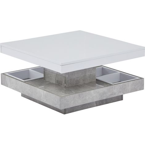 Table basse double fonctionnelle avec plateau brillant, plateau pivotant à 360°, double plateau pivotant avec compartiment de rangement, plateau de salon blanc, panneau de particules couleur marbre (1/5)