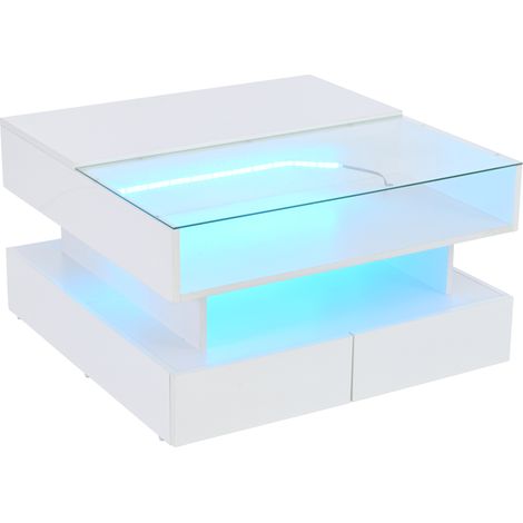 Table basse 80 x 80 x 45 cm à hauteur réglable avec espace de rangement dissimulé et 2 tiroirs, table de salon avec LED, table d’appoint brillante pour salon, en verre trempé, blanc (1/5)