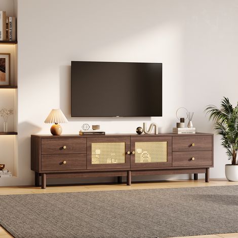 Armoire TV 180 cm bois foncé deux portes rotin et quatre tiroirs. Charnières hydrauliques,gestion de câbles pour TV 80 pouces. (1/5)