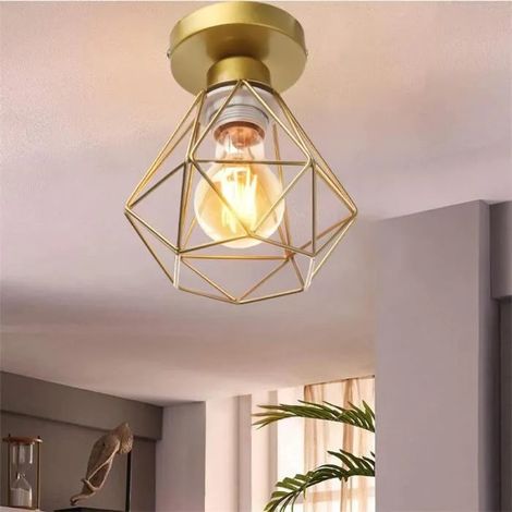 U-Do Plafonnier Industriel Vintage Lampe de Plafonde Cage forme Diamant Mini en Métal Doré (1/4)