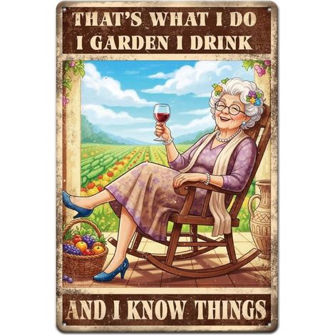 Plaque en étain métallique de grand-mère et de vin 30x20 cm, Plaques en étain de chaise à bascule, Décoration murale métallique de vieille personne détendue buvant et de jardin pour la décoration de p (1/5)