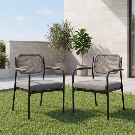 Wahson Modern Outdoor Dining Chairs Set of 2, Stylish Rope Weave Garden Chairs with Wood Armrests, Removable Cushions, and Durable Splash-resistant Fabric, Grey (1/5)