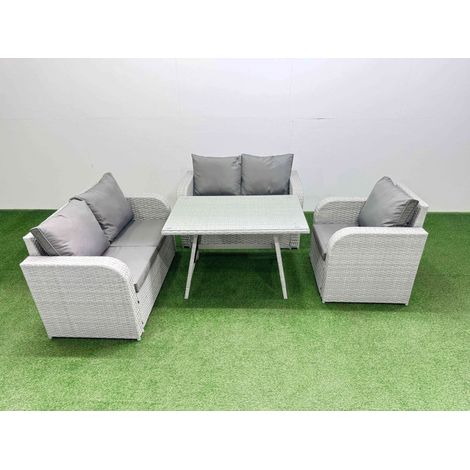 Fimous 5 Seater Outdoor Rattan Garden Furniture Set Love Sofa Reclining Chair Set with Rectangular Dining Table Light Grey (1/4)