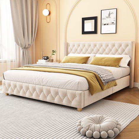 DESVIAE Lit rembourré 160 x 200 cm avec tête de lit capitonnée et sommier à lattes velours beige clair (1/5)