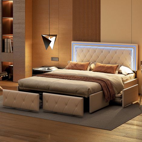 Doppelbett 140x200 cm, mit 4 Schubladen Stauraum, LED-Beleuchtung, Lattenrost aus holz, Metallrahme, gepolstertesBett aus Kunstleder - Weiß (1/5)