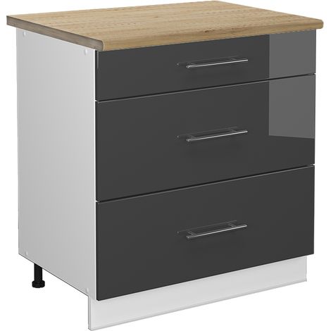 Mueble bajo de cocina Fame-Line, Antracita alto brillo, 80 cm con 3 cajones, ET Roble, Vicco (1/5)