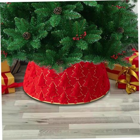 CCYKXA Roter Weihnachtsbaumkragen, dekorativer Weihnachtsbaumrockhalter mit goldfarbenem Plüschbesatz, festliche Dekorationskette (1/5)