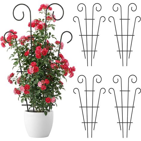 Lot de 4 treillis de plantes d'intérieur pour plantes grimpantes en pot, treillis de jardin en métal pour plantes d'intérieur, fleurs, lierre, forme de vague, noir (142 x 53 cm) (1/5)
