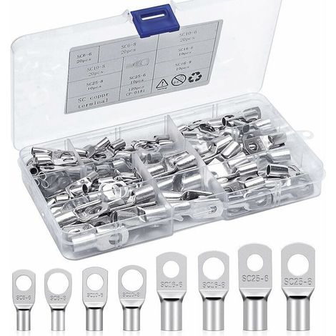 Cosse à Sertir Kits Cosses Electriques 6mm² 10mm² 16mm² 25mm² Cosses de Câble à Anneau Bornes en Cuivre Etamé Connecteurs SC pour Batterie Voitures, Automobile, Motos(120Pcs) (1/4)