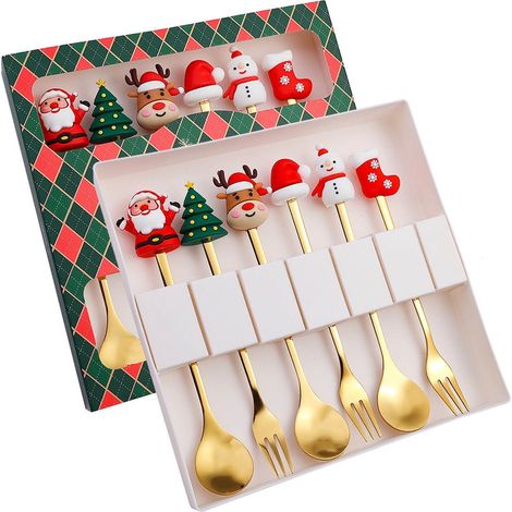 Cuillère Et Fourchette De Dessert De Noël - En Acier Inoxydable - Pour Service De Fêtes Et Décoration De Table - Lot De 6 Pièces (1/2)