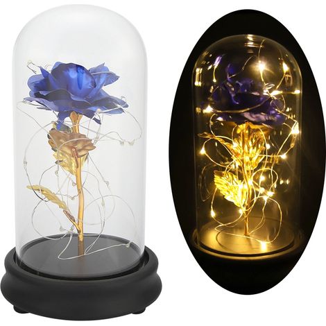 LED-Lichterkette in Rosenform, 24 Karat vergoldet, mit Glasabdeckung, Sockel, Valentinstags- und Hochzeitsgeschenk, Blau (1/5)