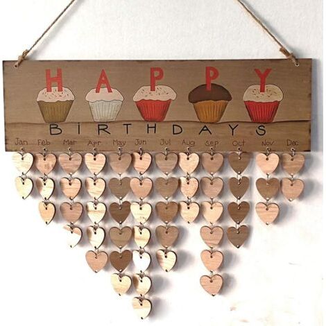 Calendrier en bois pour anniversaire de famille et amis - Plaque murale - Décoration murale en bois - Impression marron - Gâteau d'anniversaire