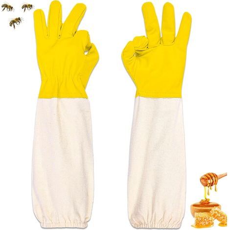Imkerhandschuhe aus Ziegenhaut, langärmlige Imkerhandschuhe aus Segeltuch, Arbeitshandschuhe für die Gartenarbeit, Imkereiausrüstung, kompatibel mit Schutzkleidung (Gelb, L)
