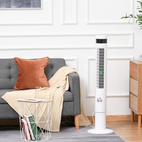 Ventilateur tour debout 3 niveaux ventilation télécommande 50W minuterie 12H écran LCD oscillation 85° chambre, blanc