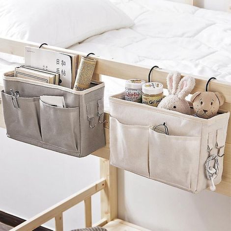 Hängender Nachttisch-Organizer, Aufbewahrungstasche mit Fächern, Kleiderschrank-Organizer aus Canvas, Zeitschriftentasche, Organizer für Schlafzimmer und Badezimmer, weiß (1/3)