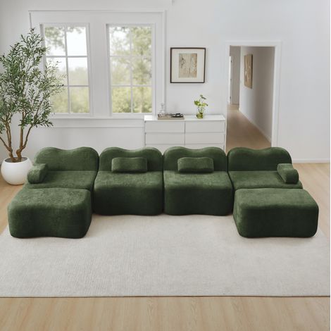 FloraGrace Canape modulaire sans cadre, forme ondulee, velours vert, pour salon, deux poufs, 4 places (1/5)