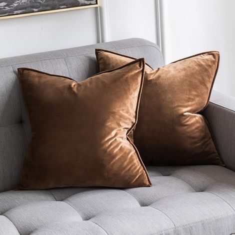 Housse de Coussin 45x45 en Velours Décorative Canapé Bordure Marron (1/5)