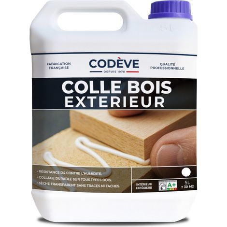 Codève Bois – Colle à bois extérieure 5 L – Classe D4 pour intempéries – Adhérence supérieure pour bois brut – Application facile à l'eau