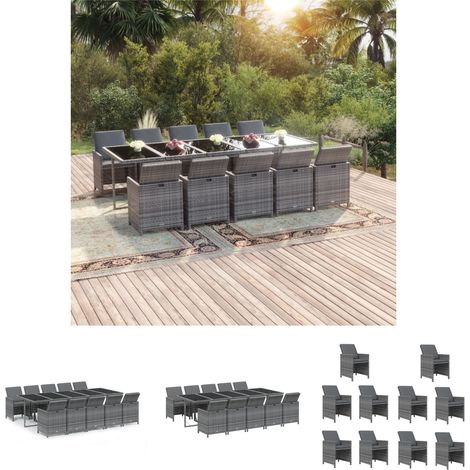 Outdoor-Essgruppe - vidaXL 11-tlg. Garten-Essgruppe mit Kissen Poly Rattan Grau - Gartenstuhl (1/5)