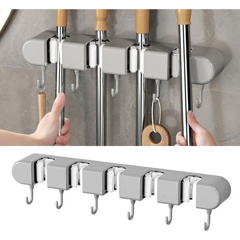 Porte Balai Mural Accroche Balai Mural Porte Balais Mural avec 5 Supports et 6 Crochets Auto Adhésif Support Support Balais Mural Porte Balais Mural，pour La Cuisine, La Salle de Bain, Jardin (Gris) (1/5)