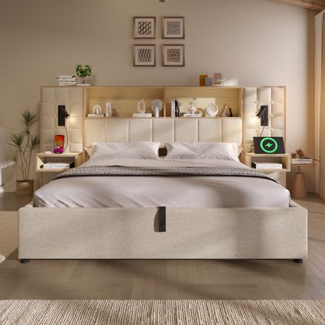 Lit coffre rembourré 180x200 cm, système lit complet, rangement intégré, LED + lampes lecture, chevets intégrés, USB Type-C, lin, beige (1/5)