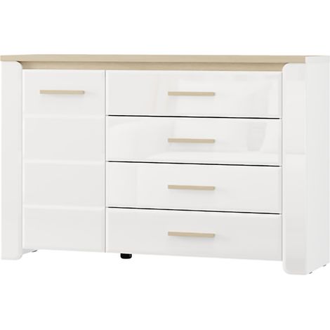 Büfett Bicheno, Sideboard 2 Regale, 4 Schubladen, 1 Tür, 135x40x88h cm Mattweiß