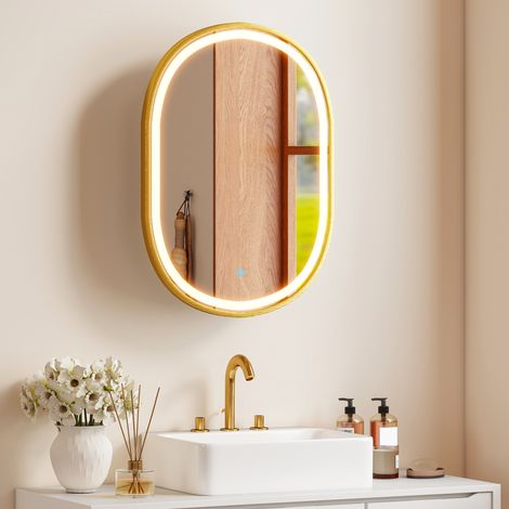 Mobiletto da bagno con specchio e luci LED a 3 colori, forma ovale, a parete, con funzione memoria e antiappannamento, colore oro.