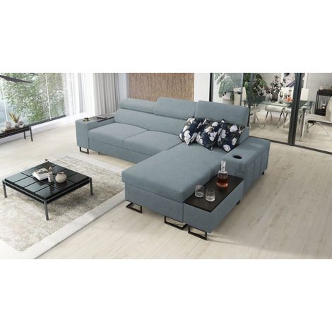 Luxuriöses, komfortables, modernes Ecksofa MELODY I MINI mit Usb und Regal Sawana Blaugrau Rechts (1/5)