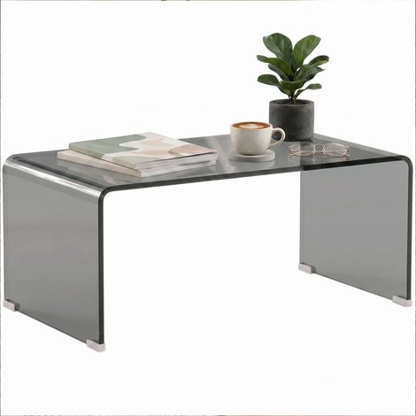 Table Basse en Verre, Table de Salon Rectangulaire Design Moderne avec Bords Arrondis Sûrs, Gris Clair Transparent (1/5)