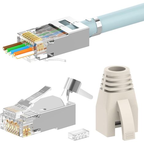 Connecteur rj45 Cat7 Pass Through Lot de 10, 10Gbps, Blindé et Plaque or Prise rj45 Cat7 , avec guide d'insertion et protection anti-pliure, pour définir l'ordre des fils, Prise en charge du PoE