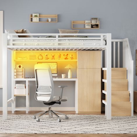 DESVIAE Lit mezzanine 140 x 200 cm avec bureau étagère penderie escalier de rangement LED blanc métal MDF (1/5)