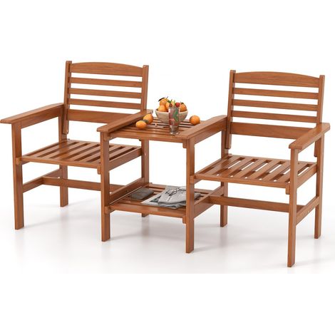 COSTWAY Set Tavolo e Sedie da Giardino con Foro per Ombrellone, Set di Mobili a 2 Posti in Legno, Tavolo e Sedia da Bistro, Tavolino Portata 35 kg, Sedia Portata 120 kg, per Giardino, Patio (1/5)