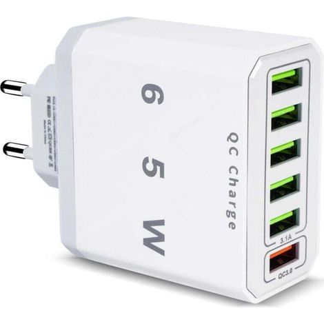 Chargeur USB Multiple, 65W 6 Ports USB Chargeur Rapide avec QC 3.0 Smart Fast Charger, Universel Adaptateur Secteur USBA Chargeur pour 15 Pro Max 14 Plus 13 12 11 SE XR, iPad, Samsung