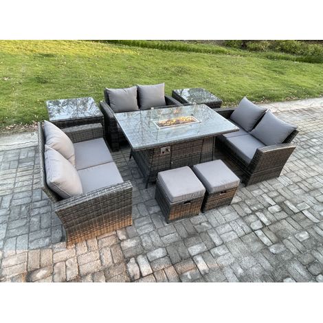 Fimous Hoher Rücken Rattan Gartenmöbel Sets mit Outdoor-Möbel Gas Feuerstelle Esstisch Set 2 Kleiner Fußhocker 2 Beistelltische Dunkelgrau Gemischt (1/5)