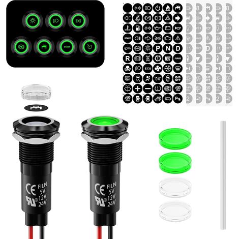 Lampe de contrôle LED verte 12-24 V 12 V avec 180 symboles de rechange, affichage du symbole IP67 pour tableau de bord pour véhicules et bateaux (1/5)