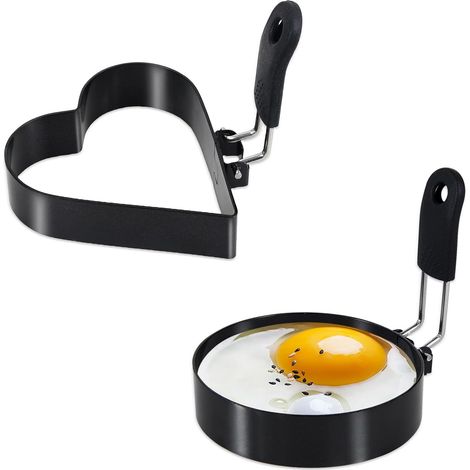 Lot de 2 anneaux à œufs ronds + cœur, avec poignée en silicone, anneaux à œufs en acier inoxydable, antiadhésifs, pour frire des œufs et réaliser des Egg McMuffins, moule à œufs pour le petit-déjeuner (1/4)