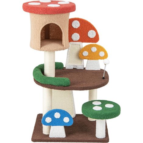 Goplus – Arbre à chat champignon 102 cm – Poteau sisal enveloppant – Planche à griffer – Balle à ressort – Condo pour repos (1/5)