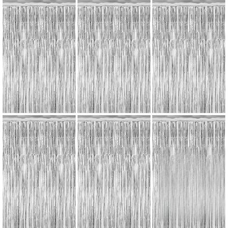 Metallic Silver Fringed Curtain, 1m x 2m Tinsel Metallic Curtain, Birthday Curtain with Double-Sided Adhesive Shiny Decoration Photos, Champagne, Gold, Wedding, Parties (1/3)