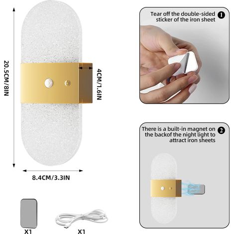 Lumurale LED sans fil à détecteur de mouvement, rechargeable, design ovale doré, 3 modes d'éclairage