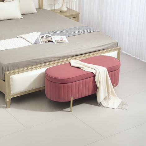 Banc de rangement. bout de lit en velours avec couvercle. pieds en métal. capacité 72 L. 108x44x43.5cm. rose