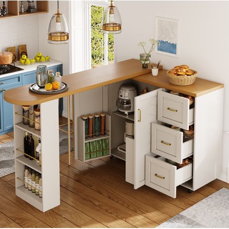 Table bar extensible roulante en MDF blanc et métal, plateau décor bois, 135-228x39x104 cm (1/5)
