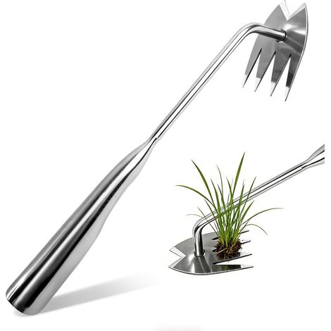 Désherbeur manuel à 4 dents en acier inoxydable, outil de désherbage portable, pour les espaces vides, les potagers, le désherbage et la plantation. (1/4)