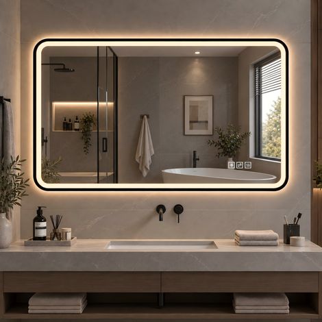 Miroir de salle de bain LED 60x100 cm avec cadre aluminium noir, éclairage frontal et rétroéclairé, antibuée, 3 couleurs, variable, mémoire, IP44, coloris noir (1/5)