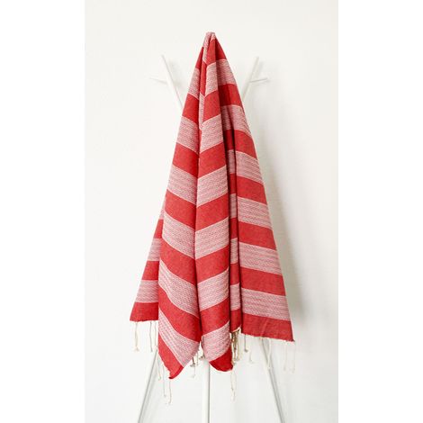 Fouta 100x200 rouge rayures blanches - 100% coton - franges (1/2)