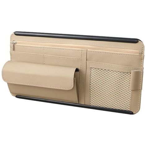 QORVA-Organiseur de pare-soleil de voiture en cuir PU pour cartes, lunettes, multiples poches (beige) (1/4)