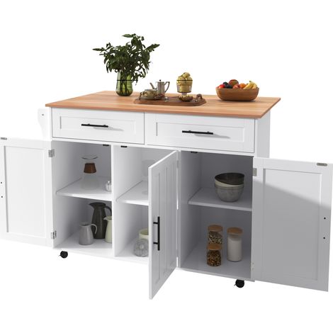 Carrello da cucina con Tavolo 129x46-71x91.5 cm, Piano Pieghevole, 5 Ruote, con Mobili Contenitori e 2 Cassetti, MDF, Bianco (1/5)